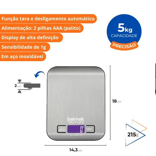 Balança Digital Pesadora 5KG/1G Ultra Slim INOX-5 PA2018/N - Balmak - 0BK 017