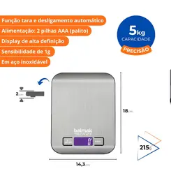 Balança Digital Pesadora 5KG/1G Ultra Slim INOX-5 PA2018/N - Balmak - 0BK 017